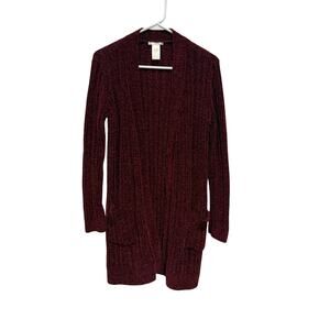 Matty M Womens M Long Sleeve Knit Cardigan Sweater Open Front Mid Length Maroon